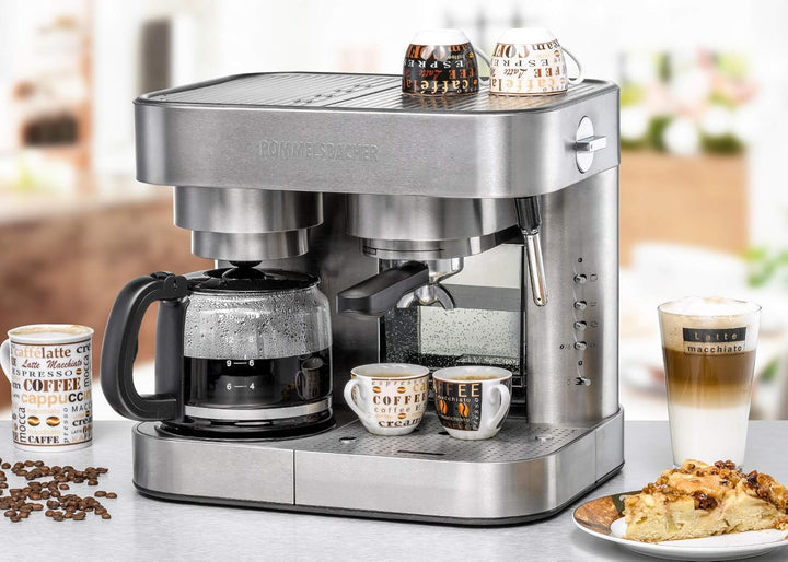 Rommelsbacher Coffee/Espresso Centre EKS 3010 - Mașină de cafea cu filtru, cană de sticlă, suport pentru sită, inserție filtru pentru 1 sau 2 cești, duză pentru spumă de lapte/apă caldă, cantitate de umplere a ceștii programabilă
