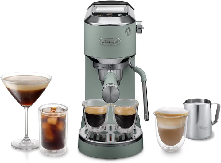 De'Longhi Dedica Style EC 685.B – Espressor portafiltru, espressor cu spumator de lapte profesional, doar 15 cm lățime, pentru cafea măcinată sau capsule ESE, rezervor de apă de 1 L, negru