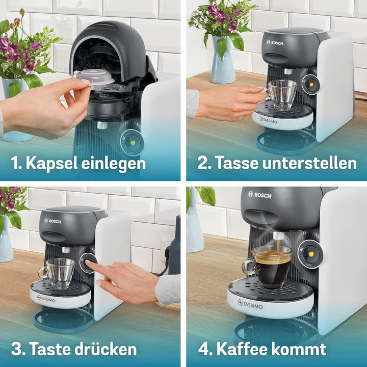Mașină de cafea cu capsule Bosch Tassimo Finesse TAS16B4 Mașină de cafea By, 70 de băuturi, cafea mai intensă la apăsarea unui buton, oprire automată, dozare perfectă, economie de spațiu, 1400 W, 0,7L, alb / gri închis