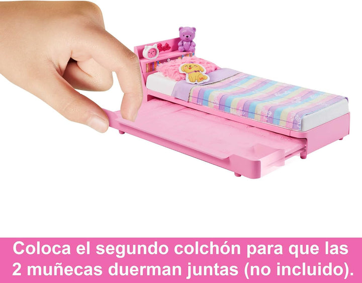 Barbie My First Series, Pat rulant, Pat cu accesorii, Ceas cu alarmă, Ursuleț de pluș, Set negru, Pernă, Păpușă, Cadou pentru copii, Jucării de la 3 ani,Hmm64