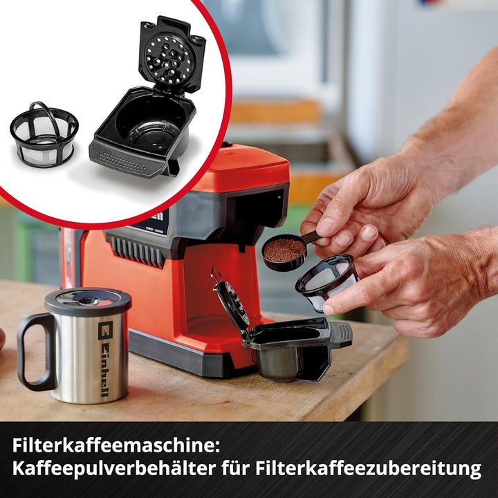 Cafetieră fără fir Einhell TE-CF 18 Li-Solo Power X-Change (18 V, Rezervor de apă 240 ml, Pentru cafea cu filtru și doze de cafea, Mâner de transport, Inclusiv ceașcă de cafea cu capac, Fără baterie)