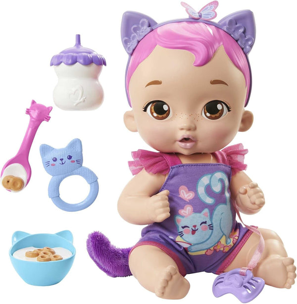My Garden Baby HHP28 - Păpușă pisică (păr albastru) cu urechi de pisică și mai mult de 20 de zgomote, incl. 5 accesorii, jucărie interactivă pentru copii de la 3 ani în sus