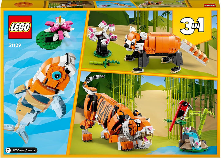 LEGO 31129 Creator Majestic Tiger, Panda sau Pește, set 3 în 1 de figuri de animale, jucărie pentru copii, băieți și fete, jucărie de construcție cu animale