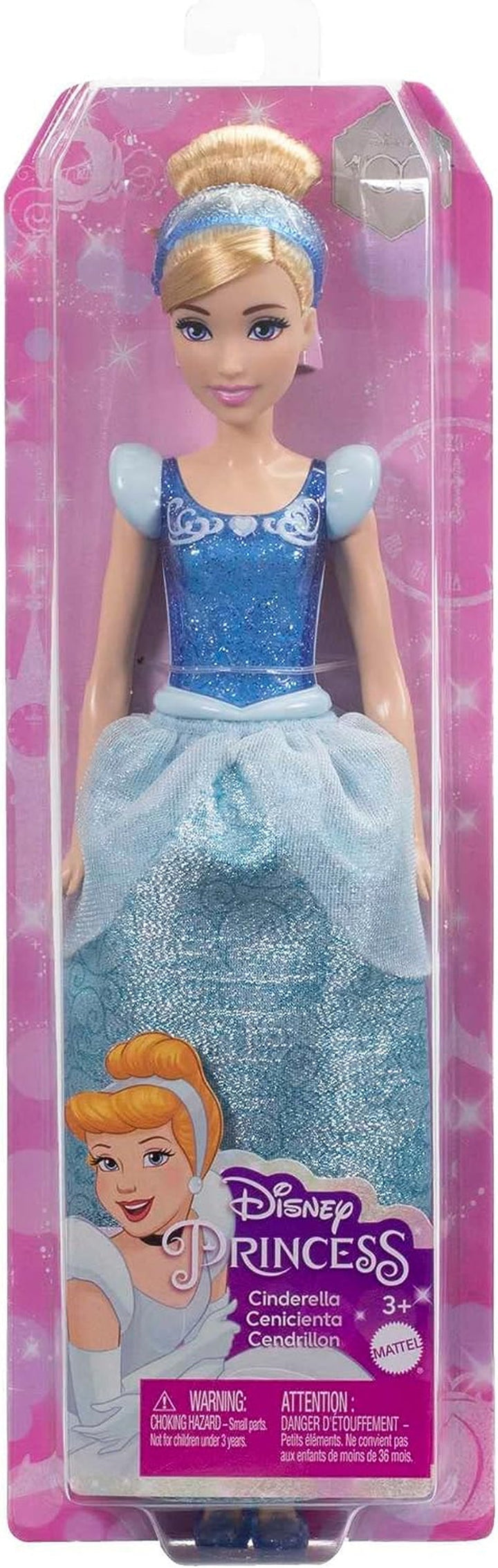 Mattel DISNEY Princess Cinderella - Păpușă mobilă cu costum strălucitor, pantofi și diademă detașabile, păr pieptănabil pentru distracție la coafor, pentru copii de la 3 ani în sus, HLW06