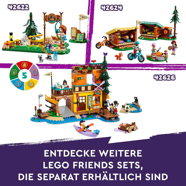 LEGO Friends Cosy Huts At Adventure Camp, Playset pentru jocuri de rol în aer liber, jucărie pentru copii pentru fete și băieți de la 7 ani cu 3 figurine și vulpe, jucărie de camping 42624