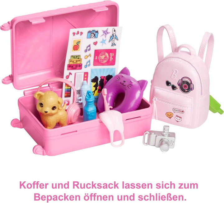Păpușă Barbie, Travel Barbie cu păr blond, 10+ accesorii de călătorie, autocolante, valiză, cățeluș, incl. 1 păpușă, cadou pentru copii, jucărie de la 3 ani,Hjy18