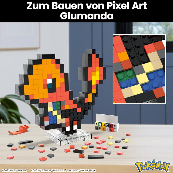 MEGA Pokémon Glumanda - Figură construibilă în aspect retro, Pixel Art, Inclusiv bază pentru montare pe perete, Pentru constructori și colecționari adulți, HTH76
