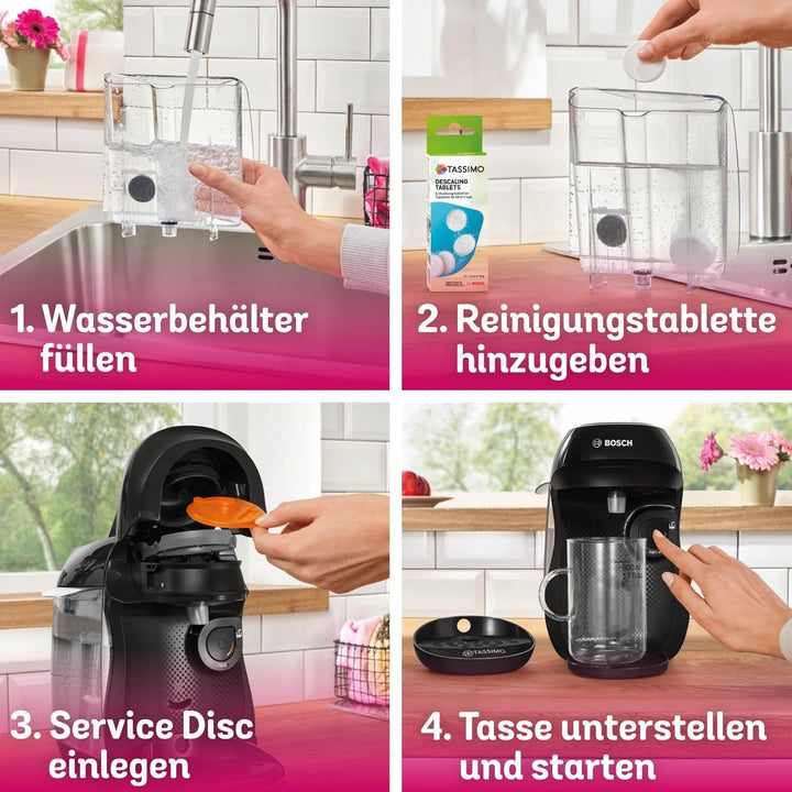 Espressor cu capsule Bosch Tassimo Happy Friendly TAS102E, Peste 70 de băuturi, Potrivit pentru toate tipurile de căni, Oprire automată, Sustenabil, Dozare perfectă, Economie de spațiu, 1400 W, Negru