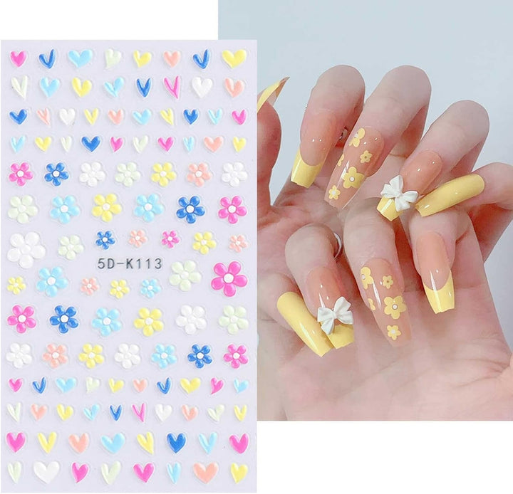 JMEOWIO 3D Nagelsticker Frühling Blumen 5 Blatt Nagelaufkleber 5D Stereoskopisch Selbstklebend Bunte Blüte Nail Art Sticker Dekoration Nageldesign Zubehör