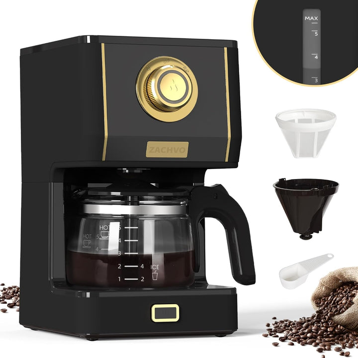 ZACHVO filtru de cafea cu ulcior de sticlă, filtru de cafea, 5 cești, capacitate 650ml, filtru reutilizabil, oprire picurare, oprire automată, funcție de menținere la cald 30min, 3 moduri de preparare