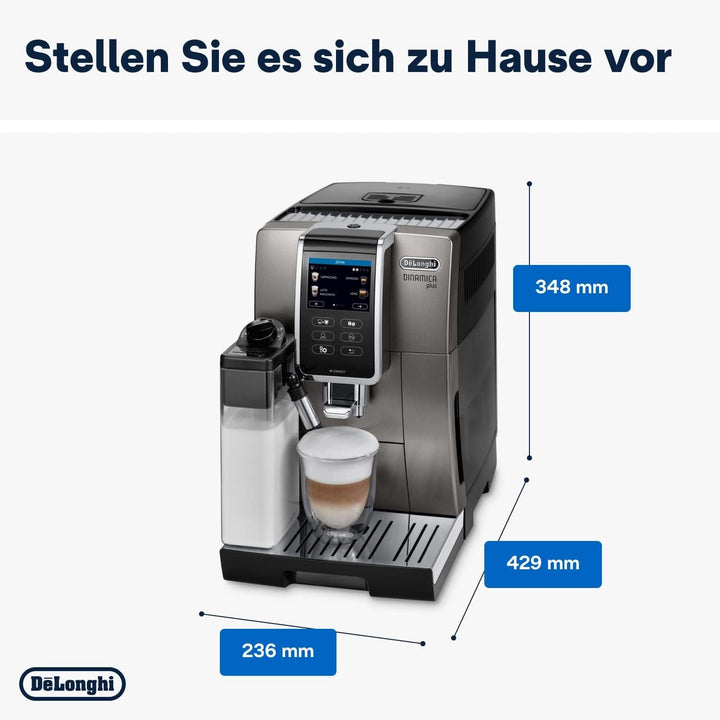 De'Longhi Dinamica plus ECAM 372.95.TB aparat de cafea complet automat cu sistem de lapte Lattecrema, cappuccino și espresso la apăsarea unui buton, ecran tactil color, control prin aplicație, funcție cafetieră, titan/negru