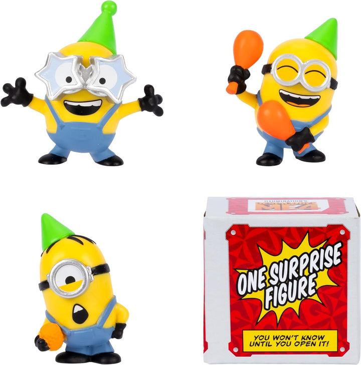 MINIONS I - Simply Incorrigible 4, pachet de 4 figurine Party Bus Troupe. Figurine de colecție înalte de 5,8 cm. Pachetul conține 3 figurine vizibile plus 1 figurină surpriză ascunsă