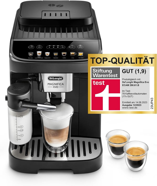 De'Longhi Magnifica Evo ECAM 292.81.B Aparat de cafea complet automat cu sistem de lapte Lattecrema, 7 butoane de selecție directă pentru cappuccino, espresso și alte specialități de cafea, funcție de 2 cești, negru