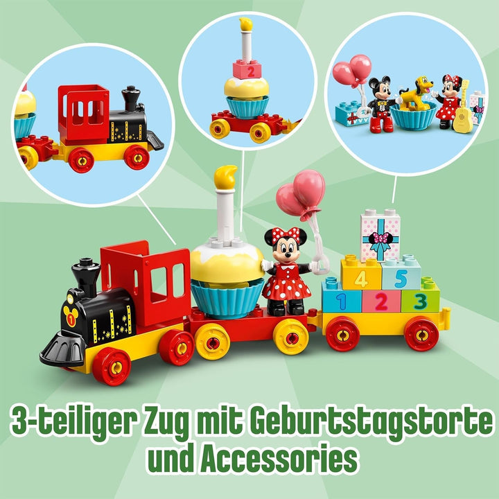 Trenul aniversar LEGO 10941 DUPLO Disney Mickey și Minnie, tren de jucărie cu tort și baloane, cadou pentru copii de 2 ani și peste
