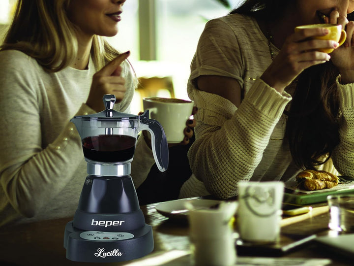 BEPER BC.041N Cafetiera electrică Lucilla - Espresso Maker pentru 3 cești cu timer programabil până la 24 de ore în avans - cafea fierbinte timp de 30 de minute, negru