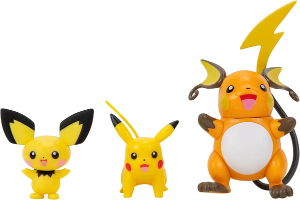Pokemon PKW2778 Select 3-Pack cu Pichu și Pikachu și figuri de luptă Raichu de 7,6 cm, Evolution Multipack Style 2