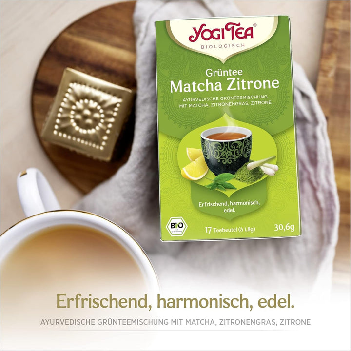 Yogi Tea - Ceai verde Matcha cu lămâie, ceai ayurvedic verde din plante organice, amestec de ceai verde, Matcha, lemongrass și lămâie verde, Yogi Tea pachet de 6, 6X17 pliculețe (102 pliculețe de ceai în total)