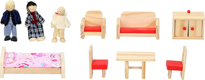 Marionette Wooden Toys - Casă de păpuși din lemn cu mobilier și păpuși - 11 bucăți