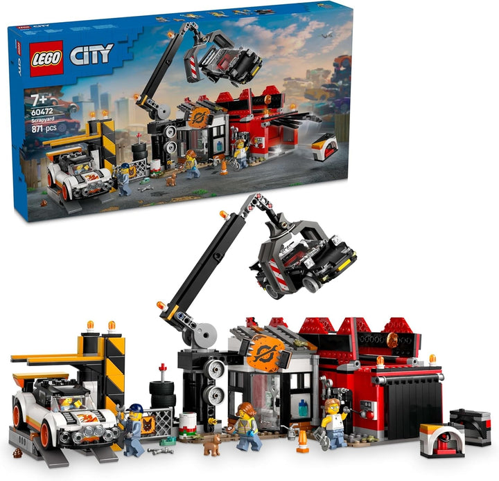 Depozit de fier vechi LEGO City cu mașini - jucărie cu presă de fier vechi și macara, 2 mașini de jucărie, 4 minifigurine muncitoare și clădire de birouri - cadouri aniversare pentru băieți și fete de la 8 ani 60472