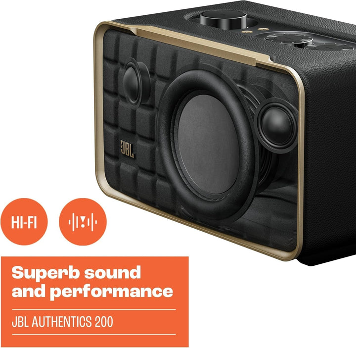 JBL Authentics 200 Smart Home Speaker - Difuzor Bluetooth cu design retro din anii '70 - Cu grilă Quadrex, Google Assistant, Alexa, Airplay și JBL One App - Negru