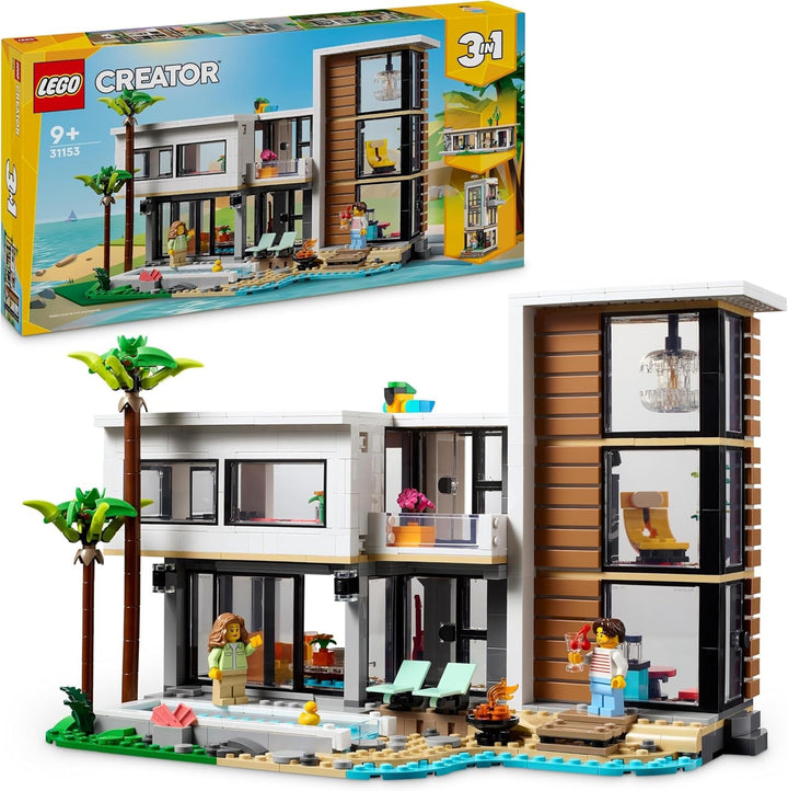LEGO Creator Modern House, set 3 în 1 pentru a converti într-o casă de oraș sau o cabană în pădure, model de casă, idee de cadou pentru băieți și fete de la 9 ani, jucărie educativă 31153