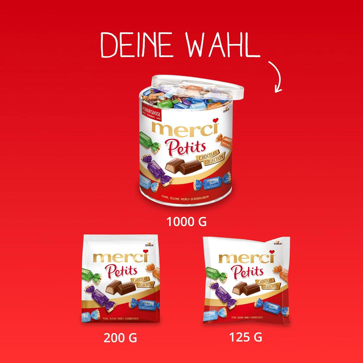 Merci Petits Chocolate Collection – 1 X 1000G – Mix Aus Nicht Gefüllten Und Gefüllten Schokoladen-Spezialitäten in Praktischer Runddose