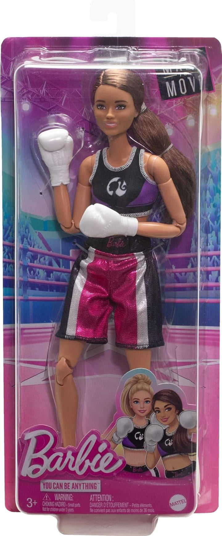 Păpușă Barbie Made to Move și accesorii, boxer brunetă cu echipament sportiv detașabil cu mănuși de box, 22 de articulații mobile, HRG40