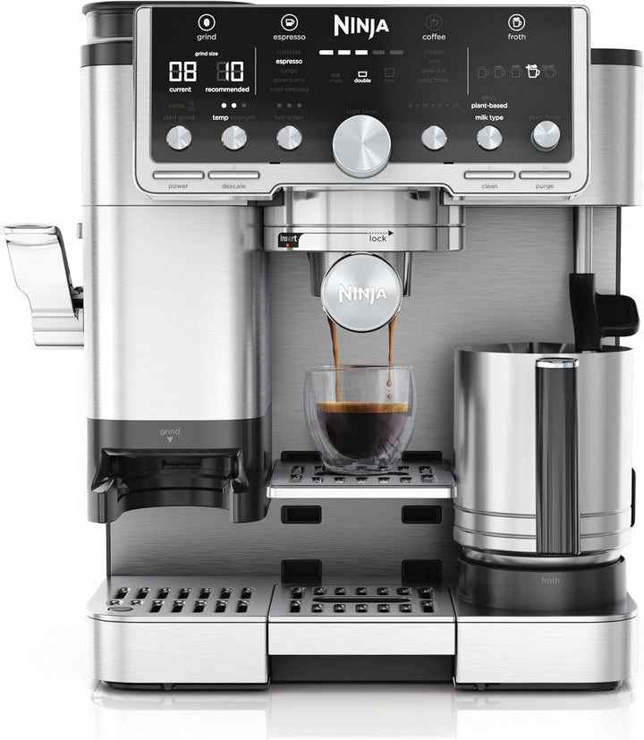 Cafetieră Ninja Luxe Premier 3 în 1 cu râșniță și spumator pentru latte, cappuccino, Cold Brew și espresso, ușor de utilizat, 4 presetări de spumare, argintiu, ES601EU