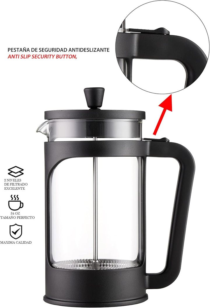 Four - Cafetieră/teapot franțuzesc, 1 litru / 34 oz, sticlă borosilicată rezistentă la căldură, filtru din oțel inoxidabil și capac negru
