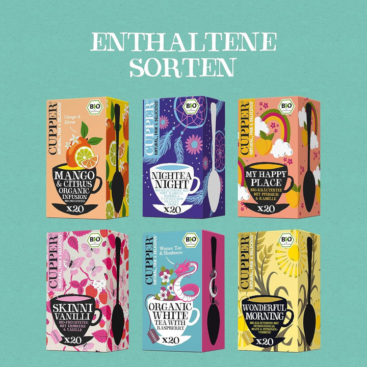Set cadou cu ceaiuri bio Cupper, 6 sortimente de ceaiuri din plante și fructe pentru întreaga zi, set de ceai, cutie cadou, colecție de ceaiuri bio selectate (1 cutie, 78 pliculețe de ceai)