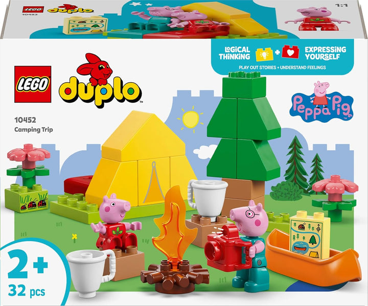 LEGO DUPLO Peppa Wutz Camping Trip - jucărie educativă pentru băieți și fete de la 2 ani - include cort, canoe, foc de tabără și 2 minifigurine - jucărie pentru activități motorii, sortare după culoare 10452