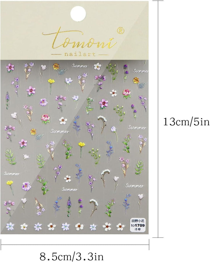 JMEOWIO 3D Nagelsticker Blume Frühling Sommer Floral Nail Art Sticker Selbstklebend Nagelaufkleber 5D Stereoskopisch Dekoration Nageldesign Zubehör 1 Blatt