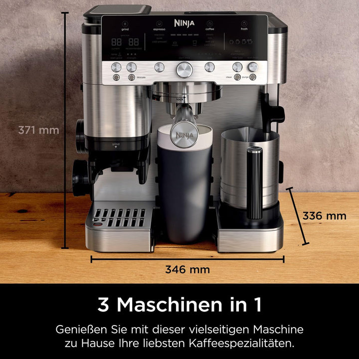 Cafetieră Ninja Luxe Premier 3 în 1 cu râșniță și spumator pentru latte, cappuccino, Cold Brew și espresso, ușor de utilizat, 4 presetări de spumare, argintiu, ES601EU