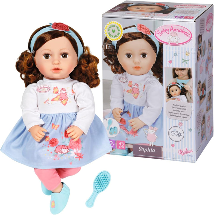 Baby Annabell Sophia Brunette 43Cm, păpușă moale cu păr lung castaniu, incl. haine pentru păpușă, bentiță și perie, 707234 Zapf Creation
