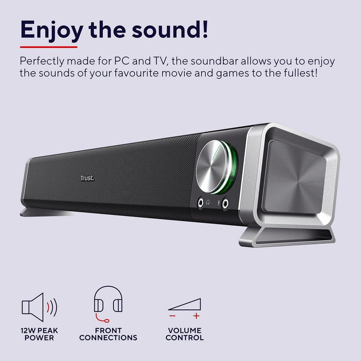 Trust Asto Soundbar 12 W Spitzenleistung (6 W RMS), PC Lautsprecher, USB Betrieb, 3,5 Mm AUX Anschluss, Stereo Soundsystem, Computer Boxen Für PC, Laptop, Monitor, TV, Musik, Audio - Schwarz