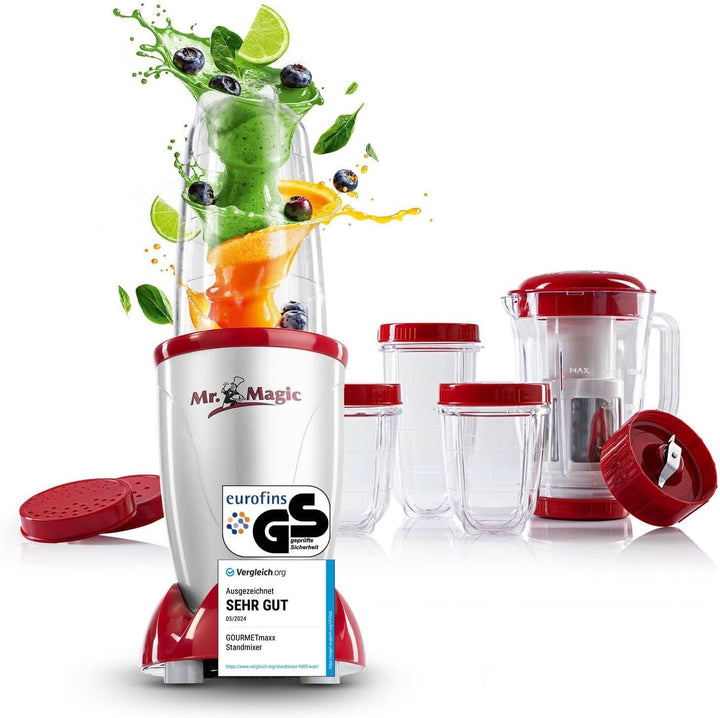 Gourmetmaxx Mr. Magic Mixer | Smoothie Maker Mit Xxl-Zubehörpaket | Standmixer 18-Tlg. | Blender Mit Auslaufsicheren Frischhaltedeckeln | Food Processor Für Shakes, Smoothies Etc.