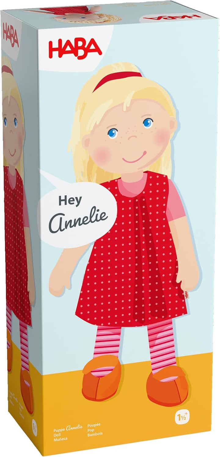 HABA 302108 - Păpușă Annelie, păpușă de cârpă cu haine și păr, 30 cm, jucărie de la 18 luni, roșu