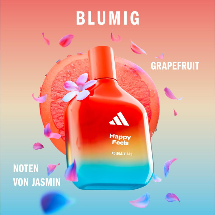 Adidas Vibes Happy Feels Eau De Parfum, un parfum unisex vesel, care îmbunătățește starea de spirit, cu note florale proaspete și uleiuri esențiale naturale, 100 ml