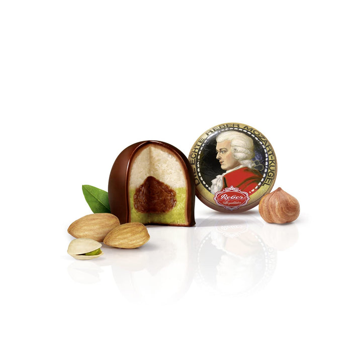 Reber, Mozart-Kugeln, 5Er Tüte, Mozart-Kugeln Aus Zartbitter-Schokolade, Gefüllt Mit Pistazien-Marzipan, Mandeln Und Haselnuss-Nougat, 100G (5 Mozart-Kugeln)