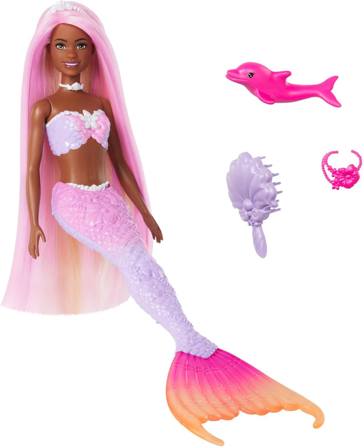 Păpușă sirenă BARBIE - inspirată din serialul TV "Barbie A Hidden Magic", cu efect de schimbare a culorilor și accesorii, păr roz lung de 19 cm pentru styling, pentru copii de la 3 ani, HRP97