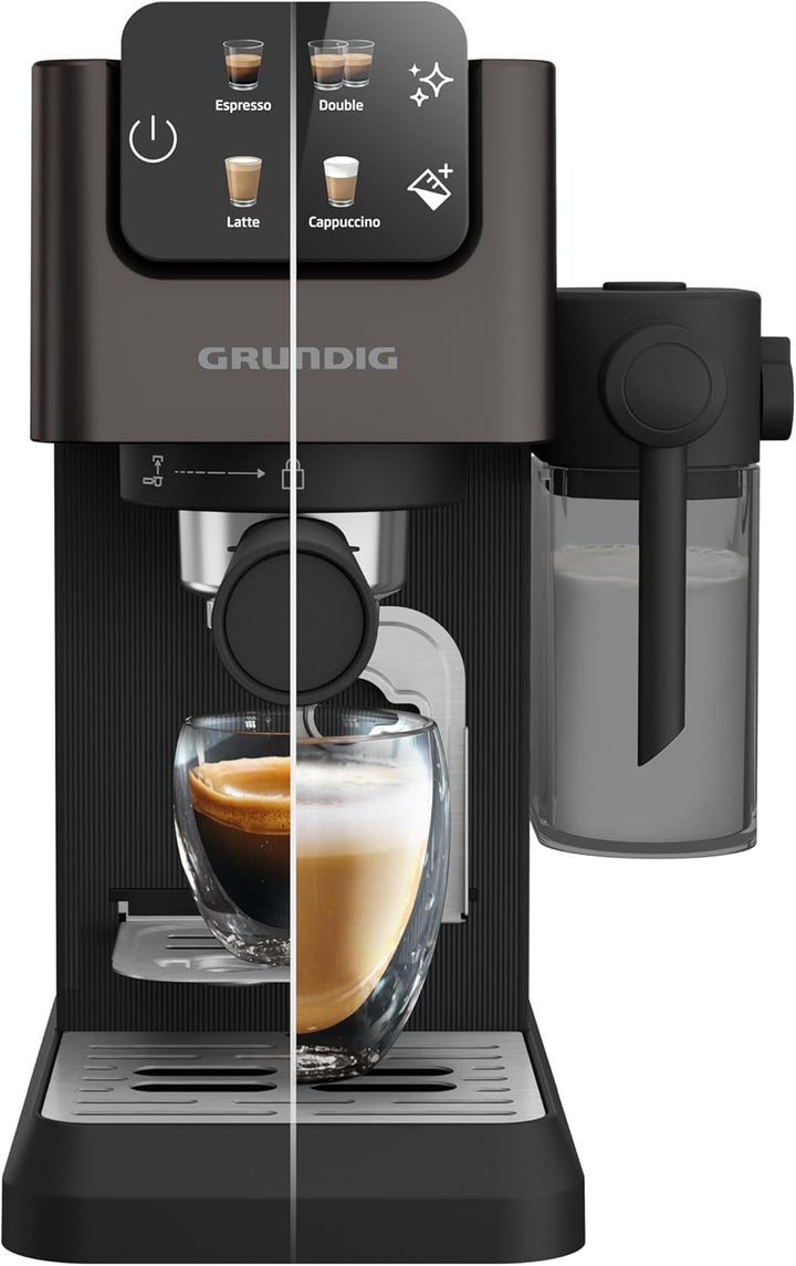 Espressor GRUNDIG KSM 4330 cu filtru portabil și spumator de lapte, pentru cafea măcinată, rezervor de apă detașabil, ecran tactil, putere 1628 W, funcție de memorie, negru