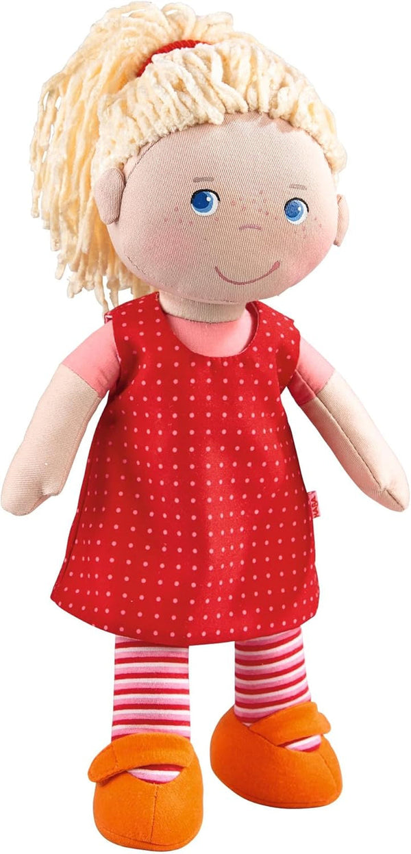 HABA 302108 - Păpușă Annelie, păpușă de cârpă cu haine și păr, 30 cm, jucărie de la 18 luni, roșu