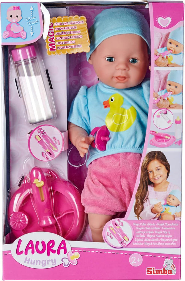 Simba 105010964 - Laura Hungry, păpușă cu corp moale, cu manechin, lingură magică, biberon cu conținut care dispare și farfurie mică, 38cm, păpușă de la 2 ani