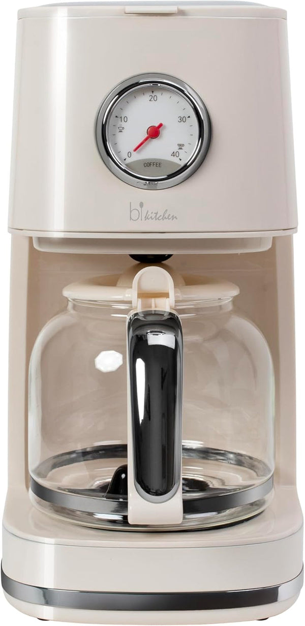 Cafetieră Retro Style Nostalgia 150, alb crem, 900 wați, 1,5 litri, 4-12 cești, cadran pentru menținerea timpului de încălzire, recipient pentru filtru detașabil, funcție de menținere a căldurii, oprire automată