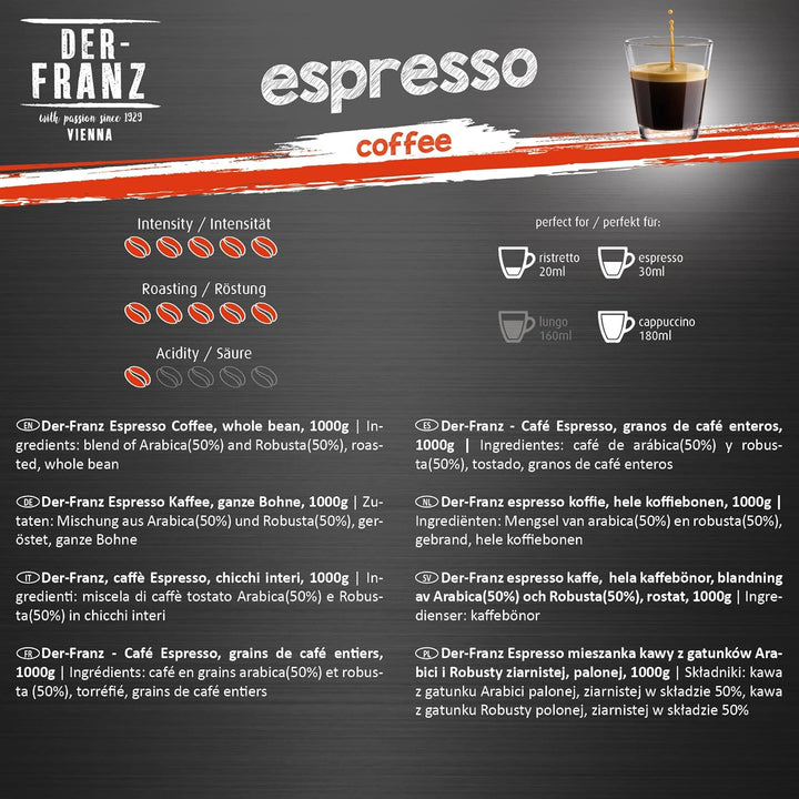 Der-Franz Espresso Kaffee, Intensität 5/5, Arabica Und Robusta, Ganze Bohne, 4 X 1000 G