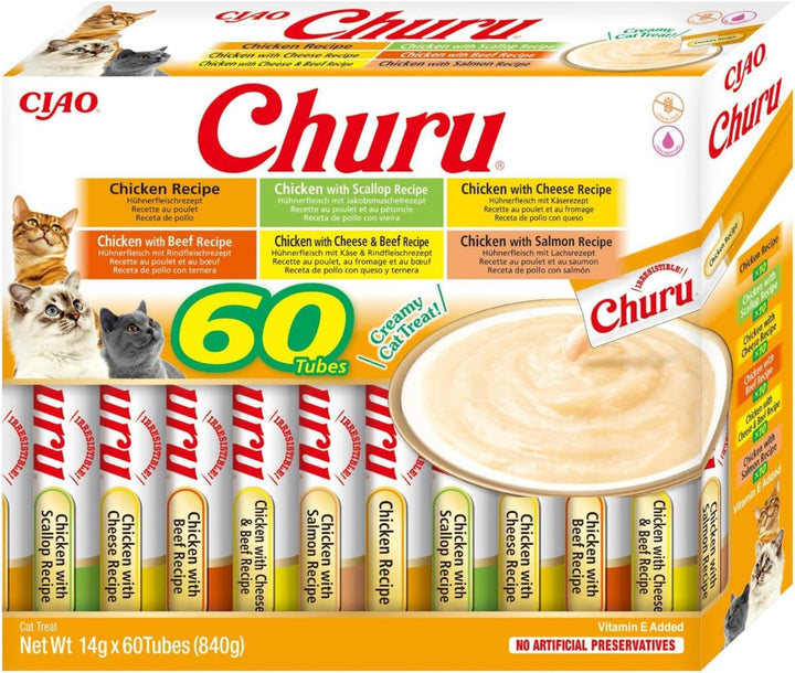 INABA Churu Cat Treats No By-Products Creamy Snack, Variety Box With Chicken | Fără cereale, fără zahăr, cu conținut scăzut de calorii, 100% carne naturală, Tratamente premium pentru pisici din Japonia