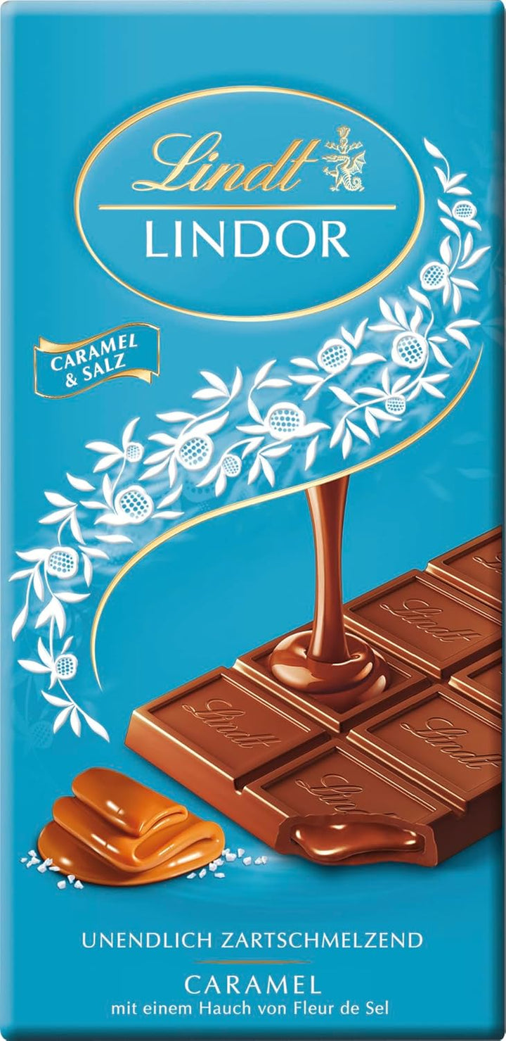 Lindt Schokolade LINDOR Caramel & Salz | 100G Tafel | Vollmilch-Schokolade Mit Einem Hauch Fleur De Sel Und Unendlich Zartschmelzender Karamell-Füllung | Schokoladentafel | Schokoladengeschenk