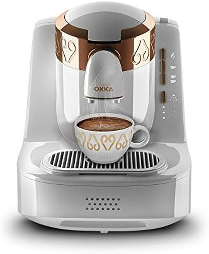 Cafetieră turcească Arzum Okka, Complet automată, 3 dimensiuni cești, Funcție de auto-curățare, Rezervor de apă 950 Ml, Senzor de supraprotecție, Design compact, Alb