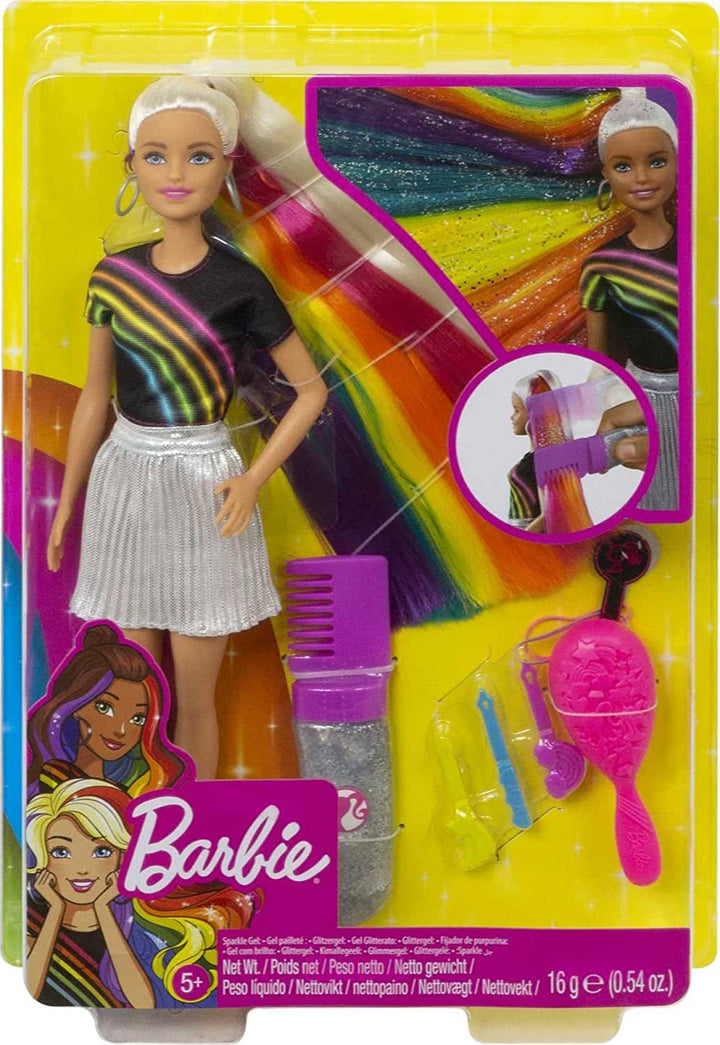 Barbie FXN96 - Rainbow Glitter Hair Doll cu păr blond lung, curcubeu ascuns de cinci culori, gel cu sclipici, perie de păr, accesoriu pentru coafat, cadou de jucărie pentru copii de la 5 ani în sus