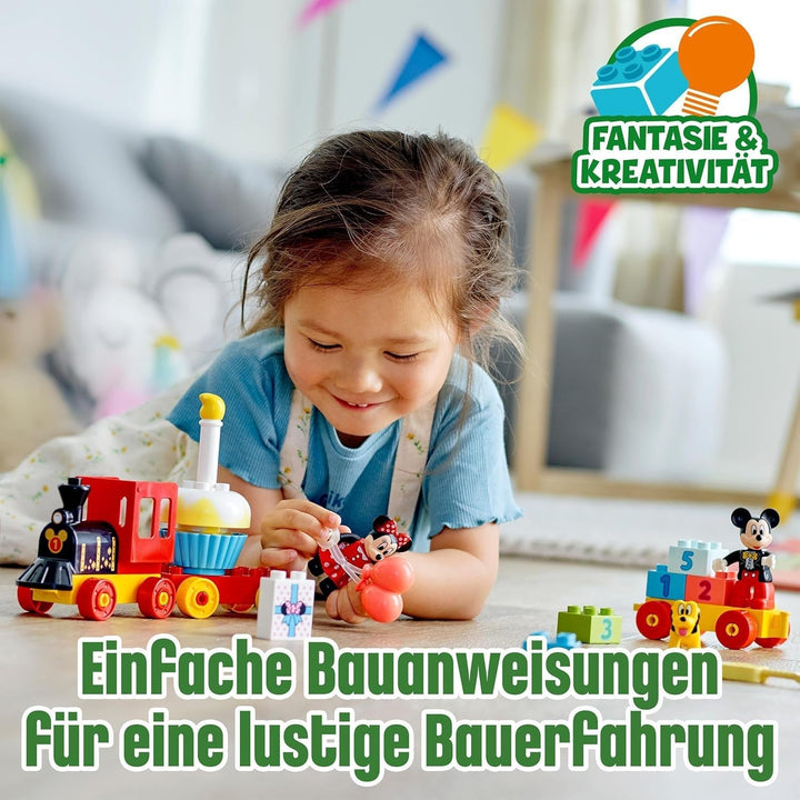 Trenul aniversar LEGO 10941 DUPLO Disney Mickey și Minnie, tren de jucărie cu tort și baloane, cadou pentru copii de 2 ani și peste